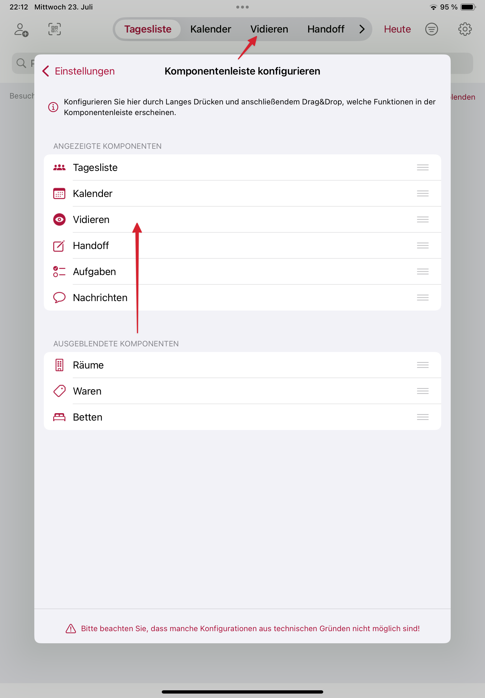 tomedo handbuch ios app vidierliste komponentenleiste konfigurieren
