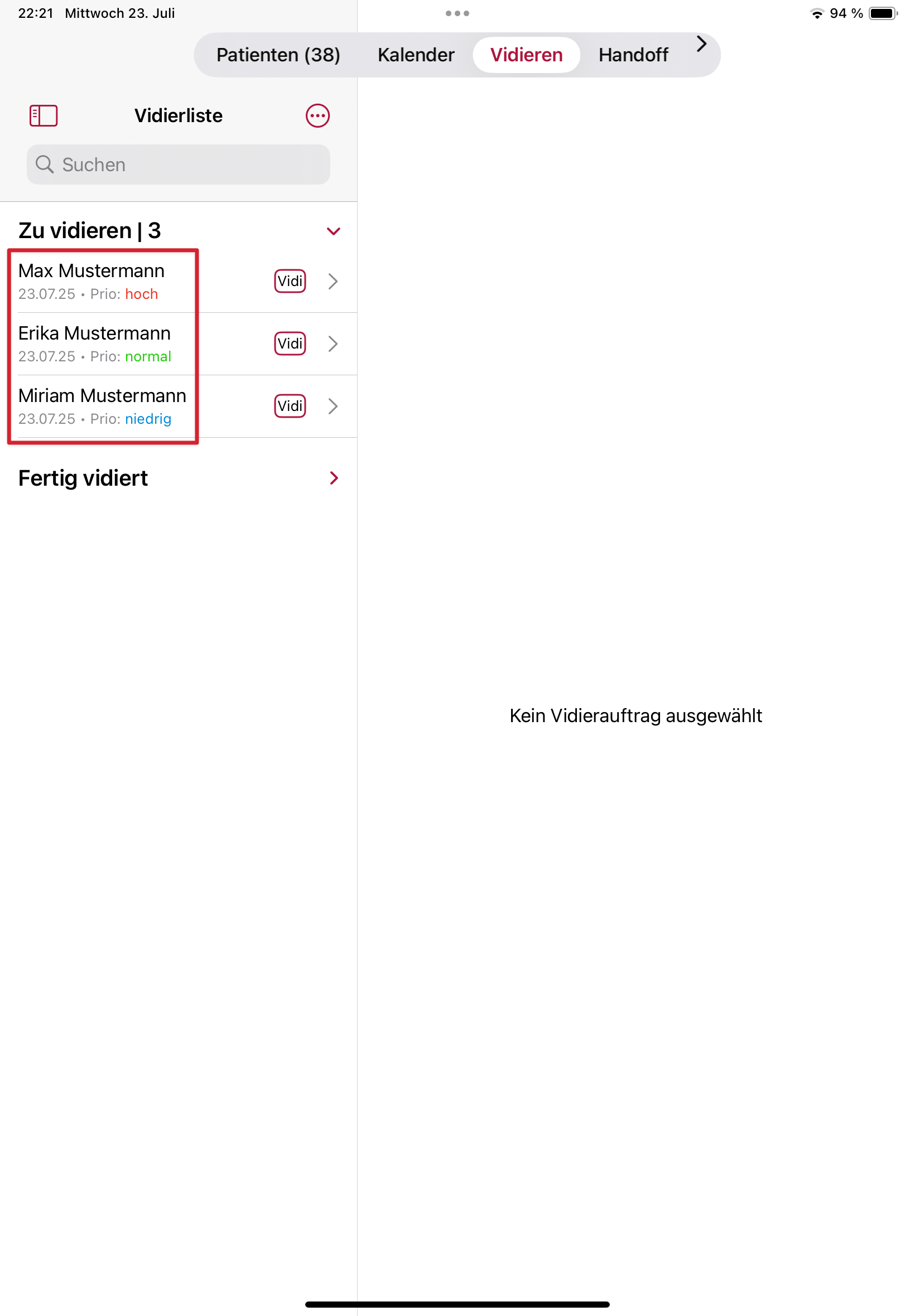 tomedo handbuch ios app vidierliste listensortierung prioritaet
