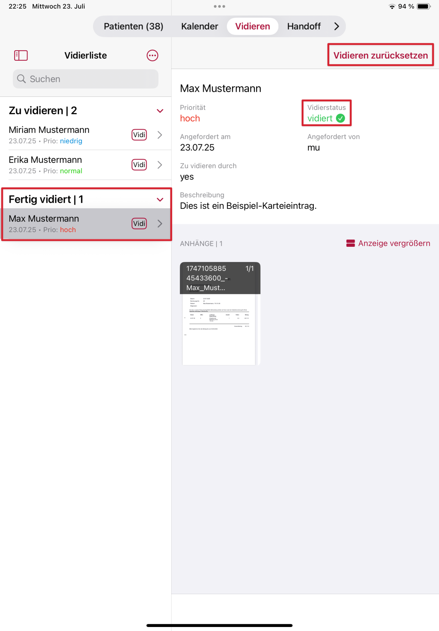 tomedo handbuch ios app vidierliste vidieren funktion