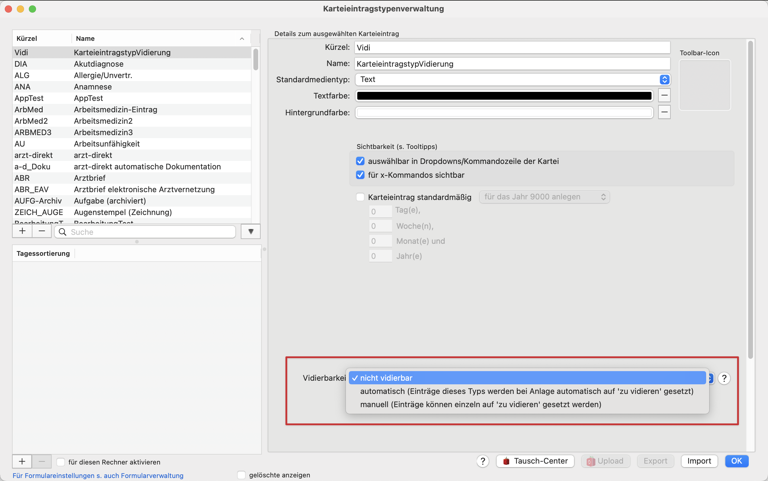 tomedo handbuch ios app vidierliste vorbereitung mac karteieintragstypen verwaltung