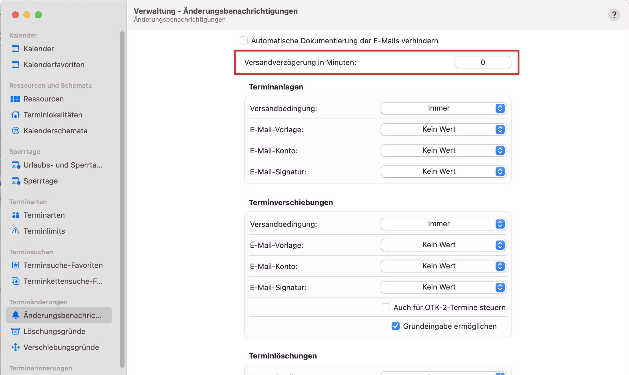 tomedo changelog kalender terminaenderungsbenachrichtigungen einstellung verzoegerung