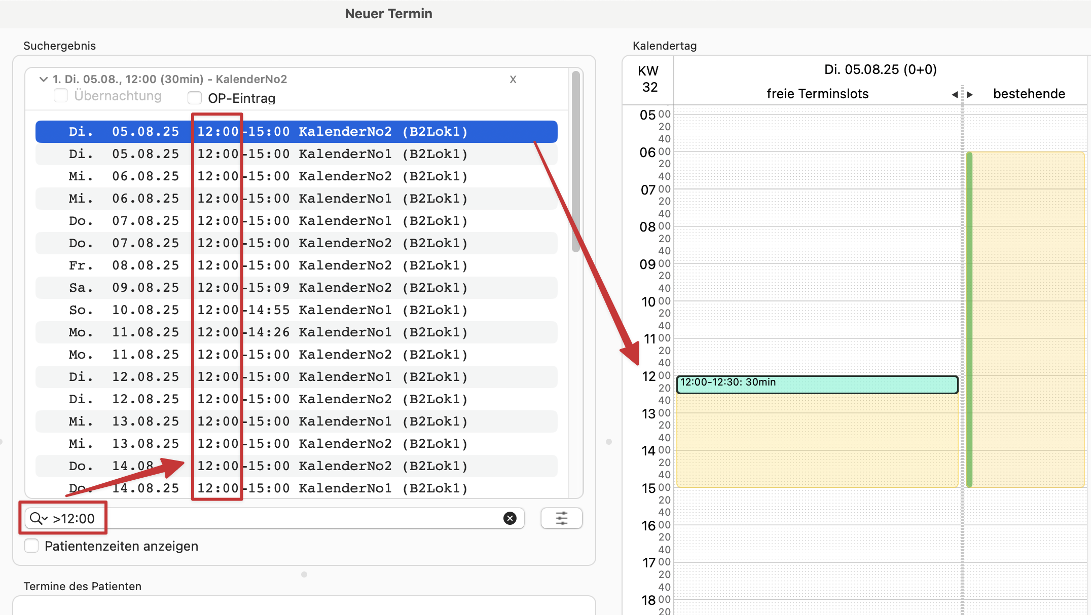 tomedo changelog kalender terminsuche ergebnisse filter groesser kleiner uhrzeit slots abgeschnitten
