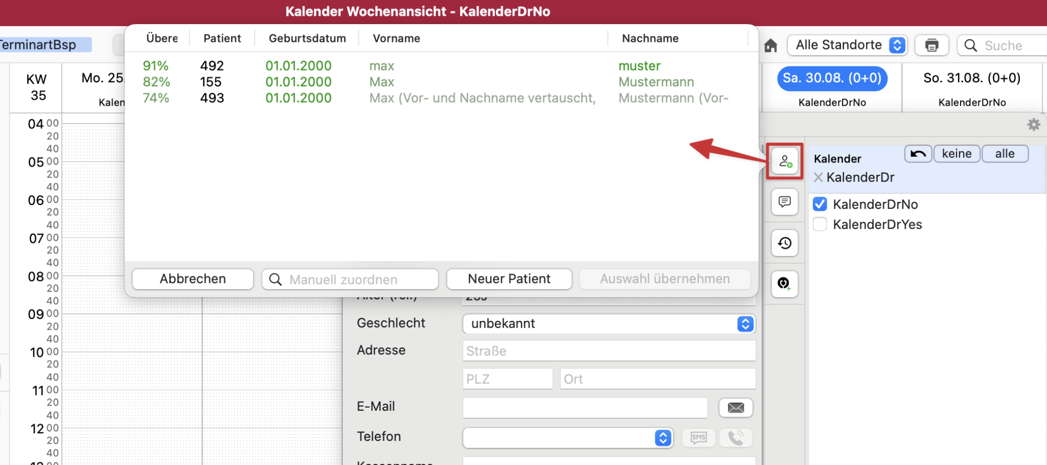 tomedo handbuch kalender kalenderfenster termin popover neupatientendaten patient anlegen bestandspatienten abgleich