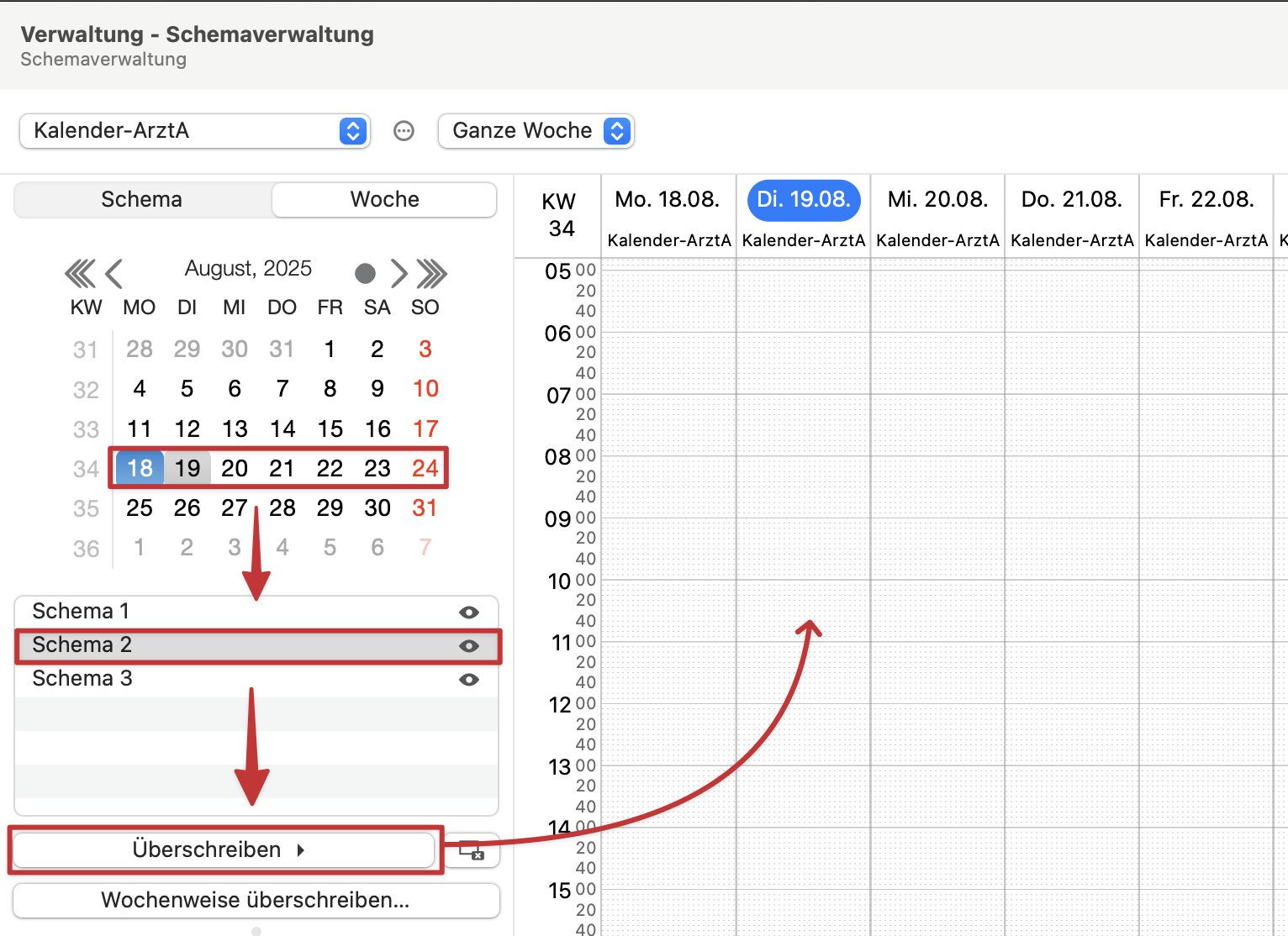 tomedo handbuch kalender neue einstellungen kalenderverwaltungen schemaverwaltung reiter woche schema uebertragen