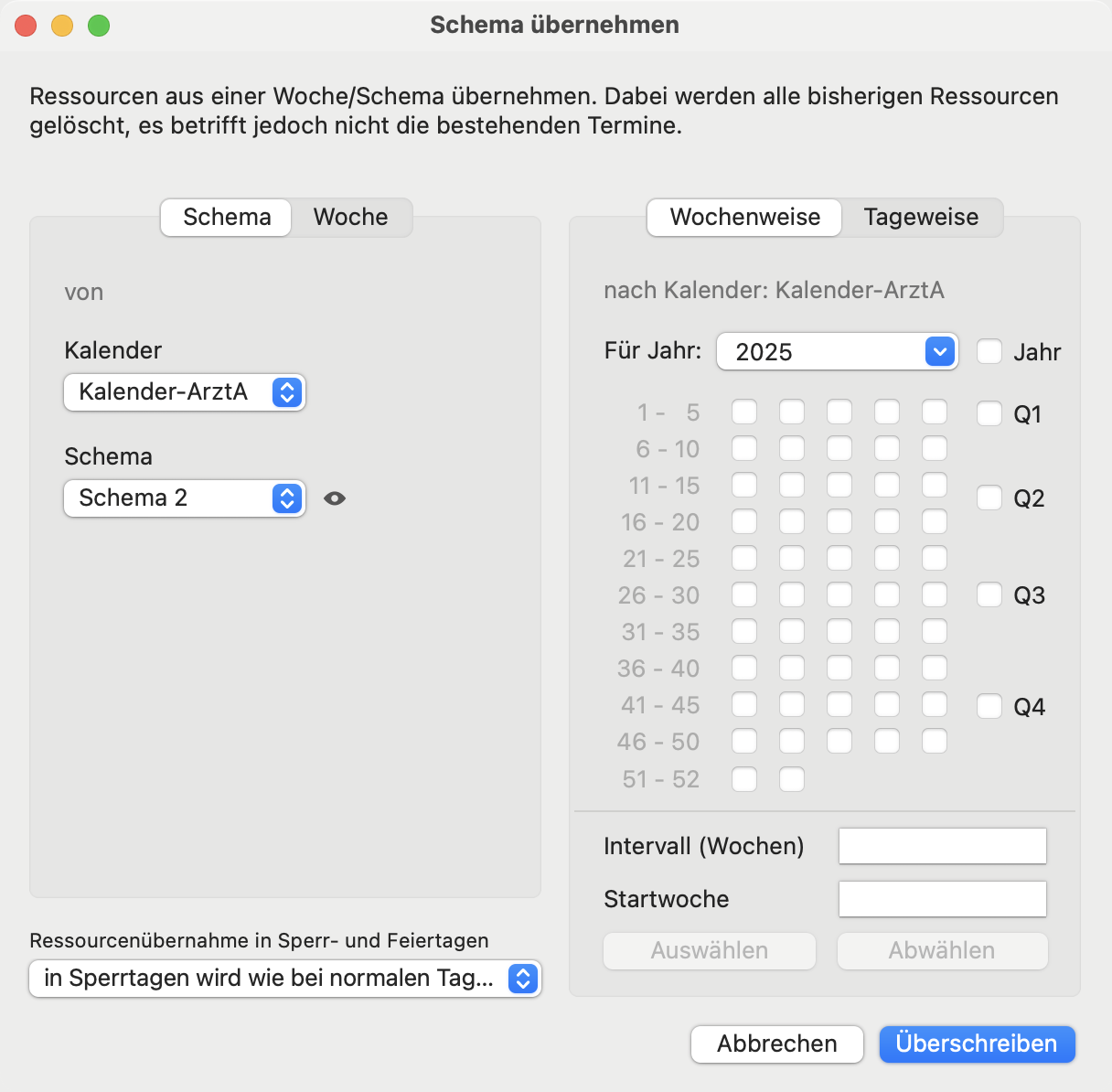 tomedo handbuch kalender neue einstellungen kalenderverwaltungen schemaverwaltung wochenweise ueberschreiben popover