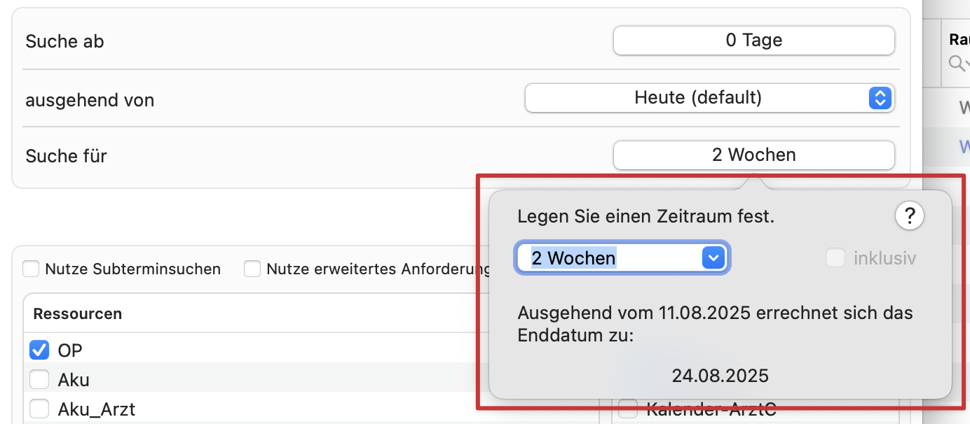 tomedo handbuch kalender neue einstellungen kalenderverwaltungen terminsuche favoriten ab fuer zeitraum popover