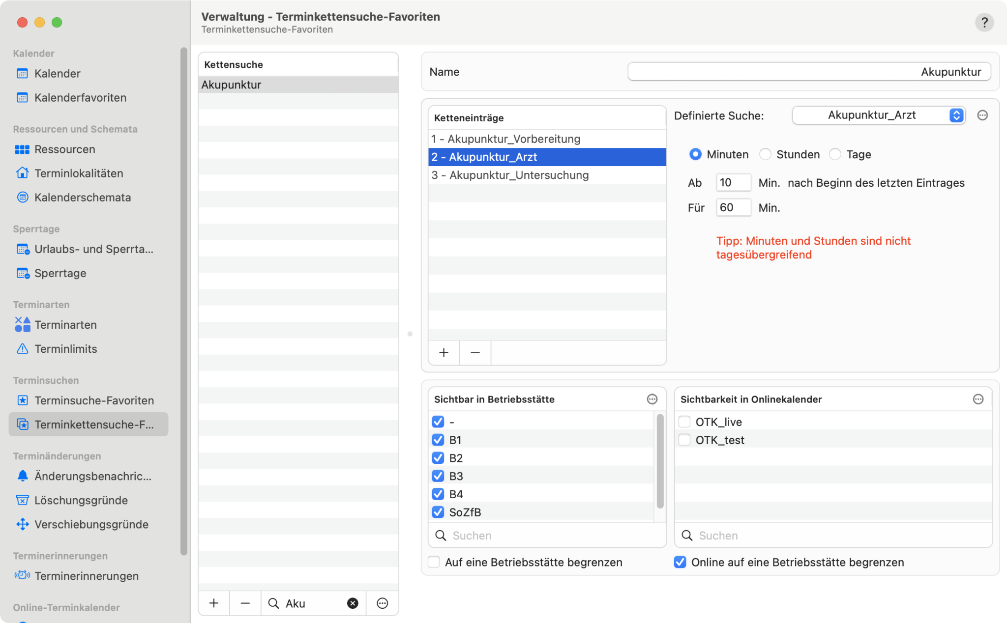 tomedo handbuch kalender neue kalendereinstellungen verwaltungsfenster termin kettensuche favoriten