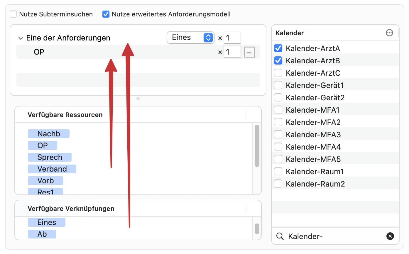 tomedo handbuch kalender neue kalendereinstellungen verwaltungsfenster terminsuche erweitertes anforderungsmodell ressourcen und verknuepfungen ziehen