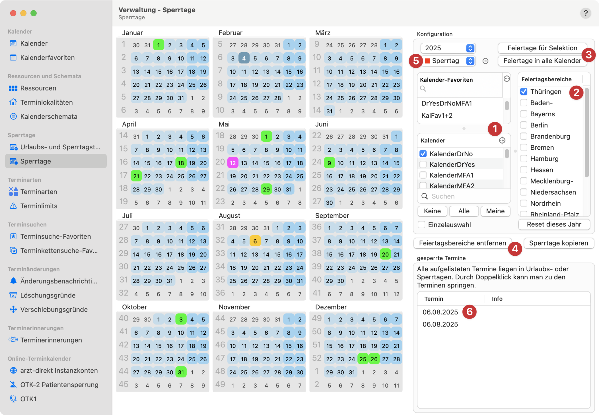 tomedo handbuch kalender neue kalendereinstellungen verwaltungsfenster urlaubs und sperrtagsverwaltung