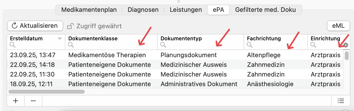 tomedo changelog 160 ePA Abkuerzung Tabelle