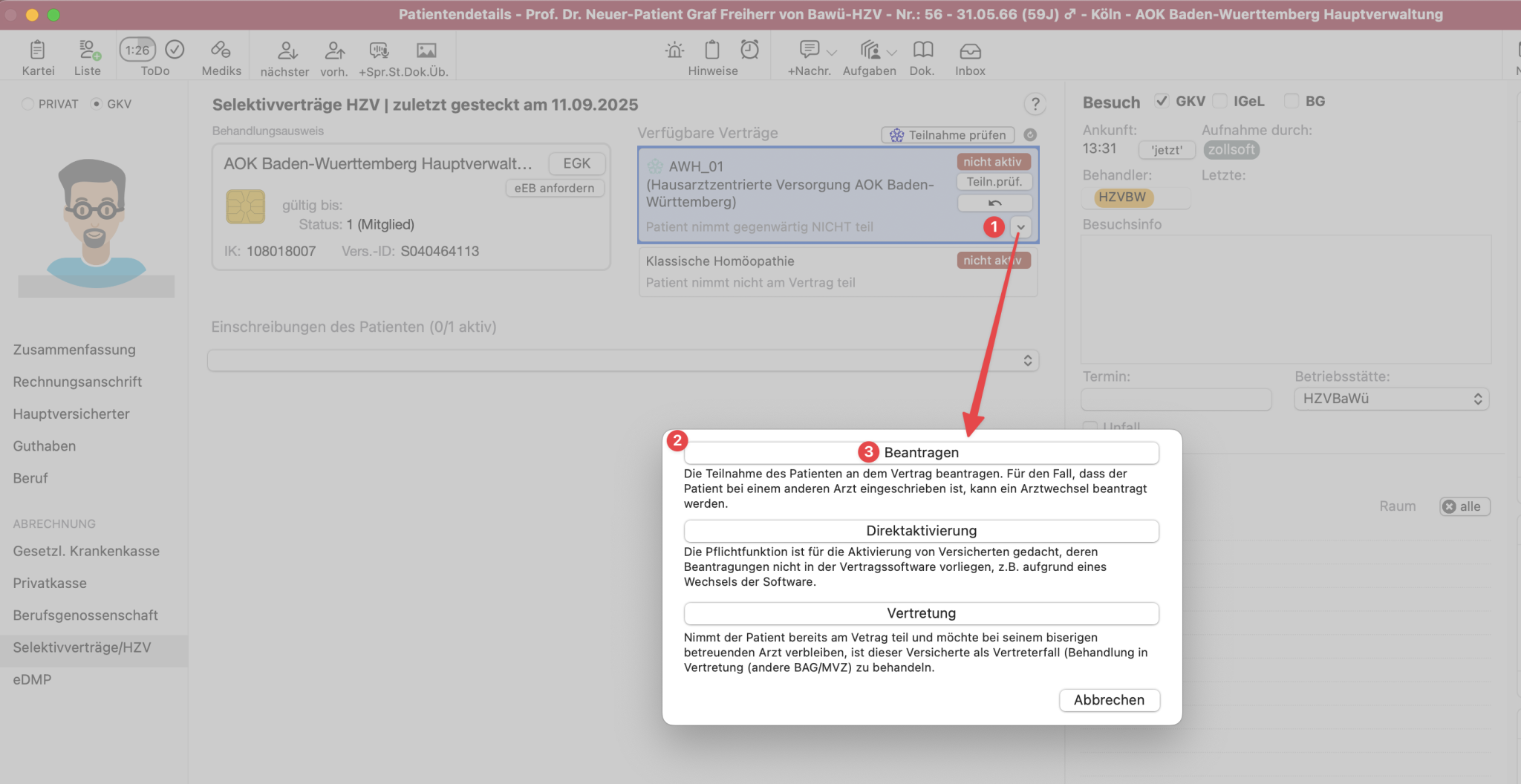 tomedo handbuch hzv modul patienteneinschreibung einschreibung dialog beantragen 1