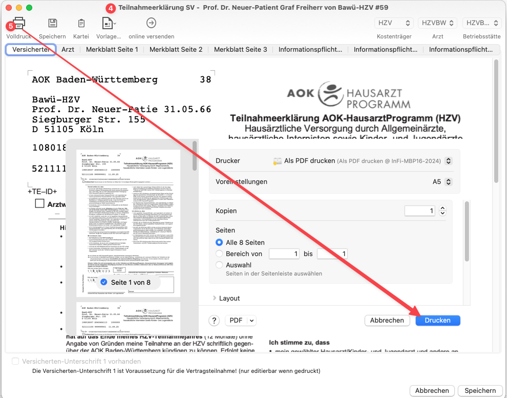 tomedo handbuch hzv modul patienteneinschreibung einschreibung dialog beantragen druck