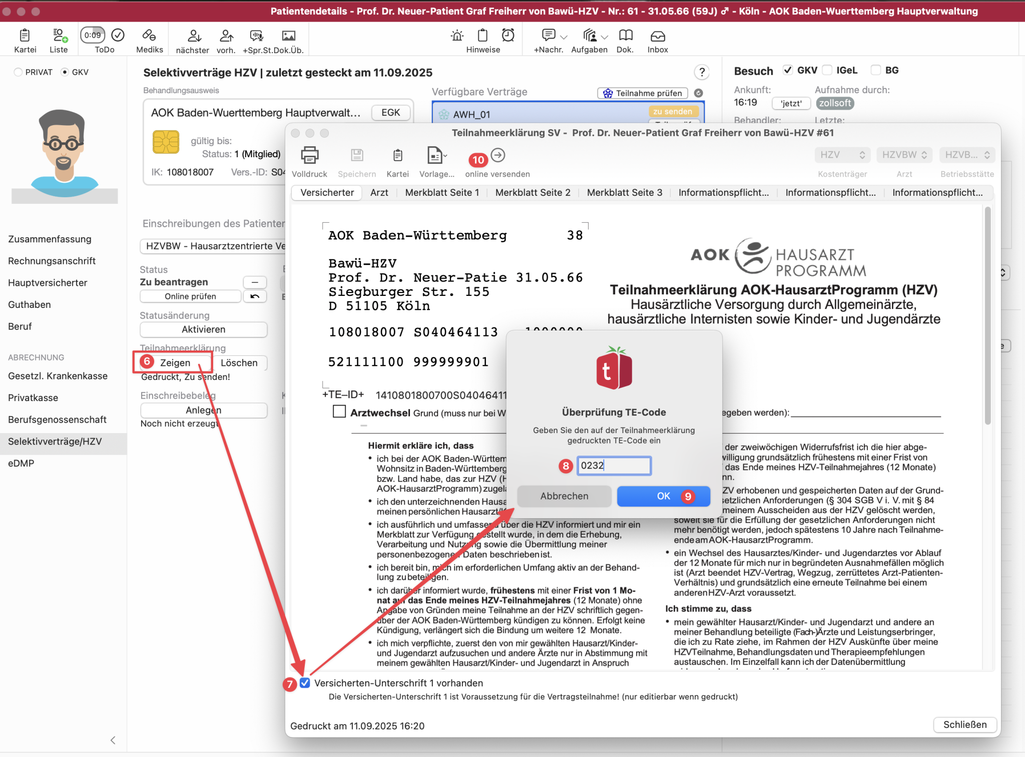 tomedo handbuch hzv modul patienteneinschreibung einschreibung dialog beantragen te code 1