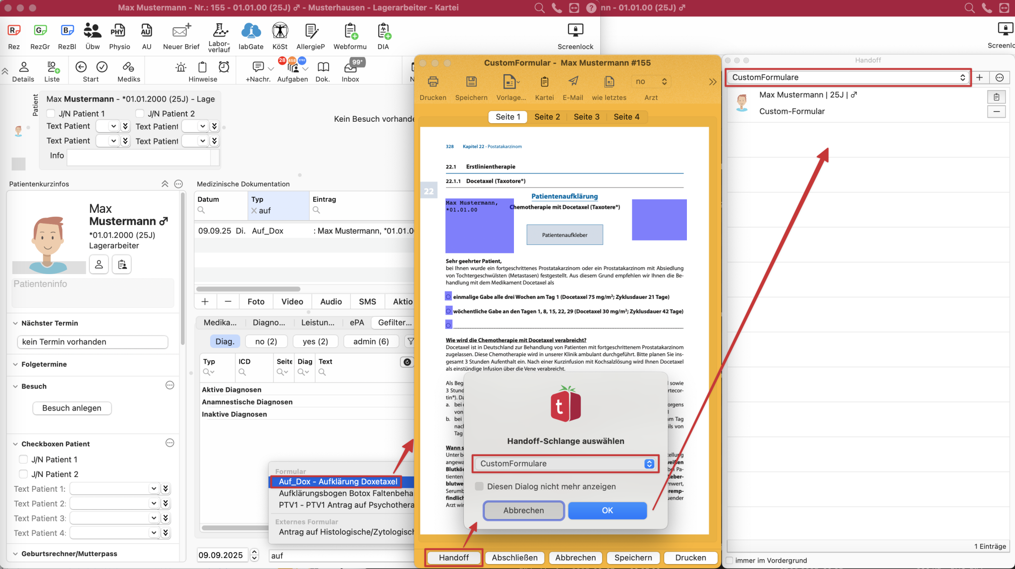 tomedo handbuch ios app handoff custom formulare anlegen handoff button und handoff panel