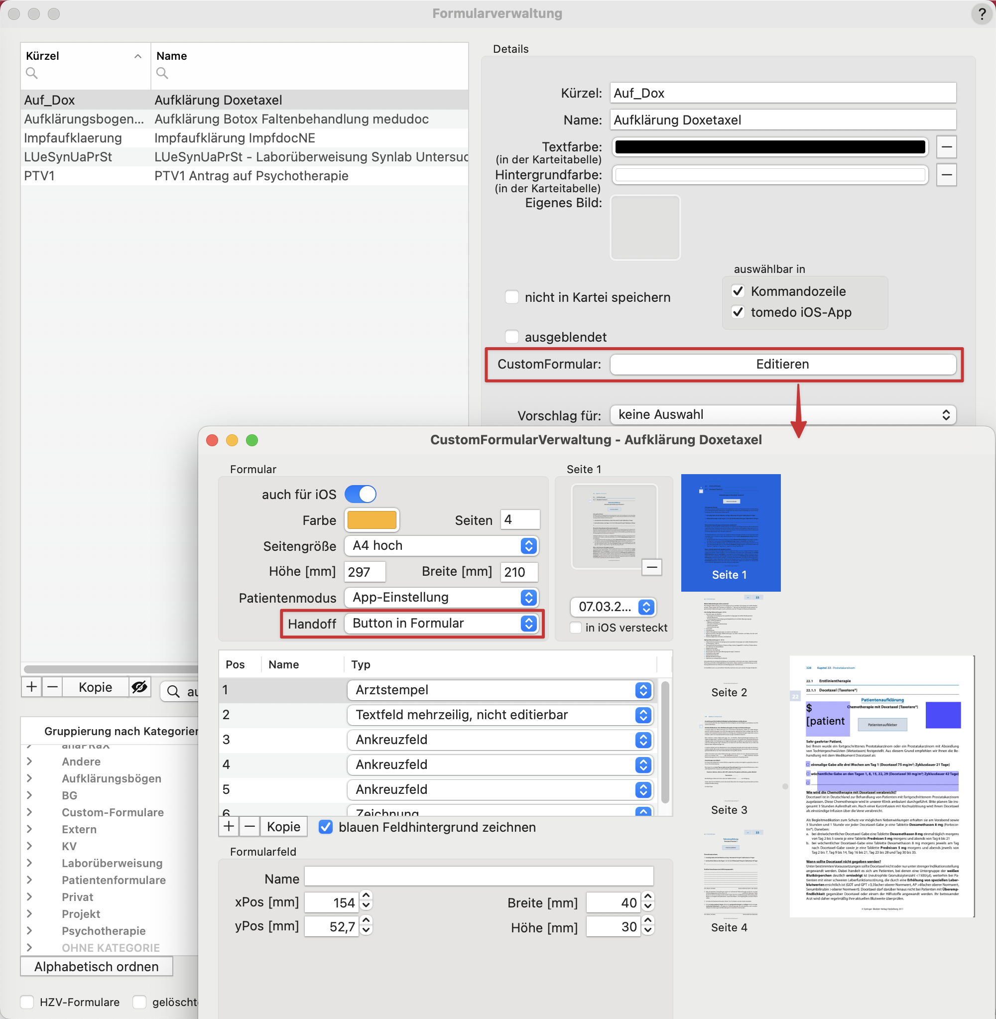 tomedo handbuch ios app handoff custom formulare verwaltung freischaltung fuer handoff