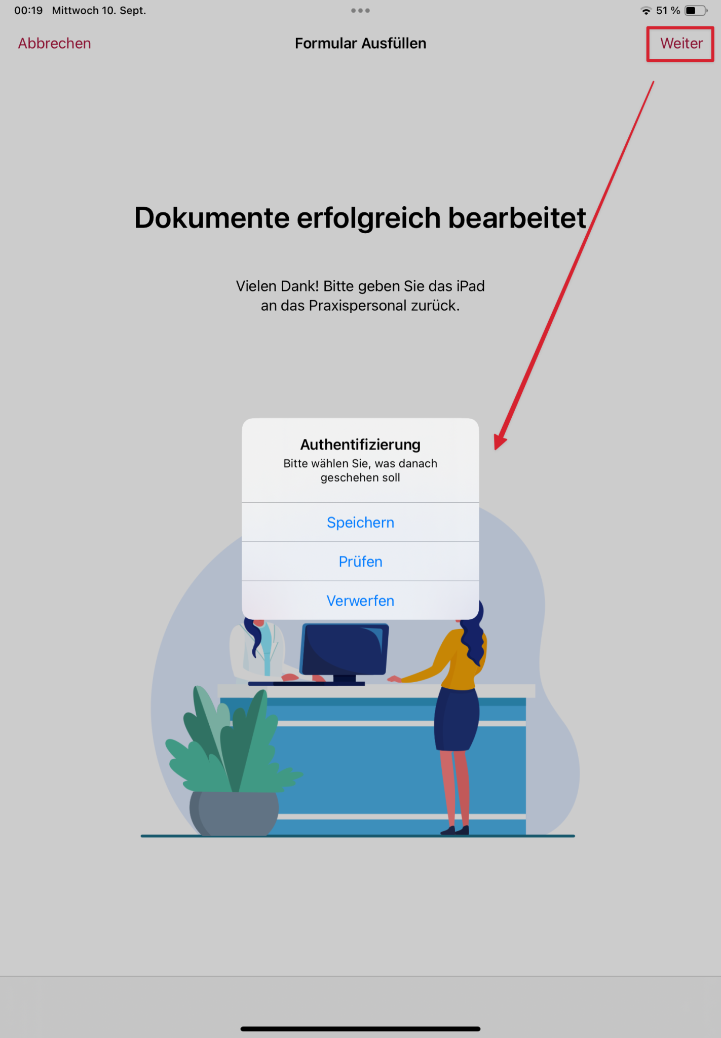 tomedo handbuch ios app handoff dokument bearbeiten speichern screen auswahl popover