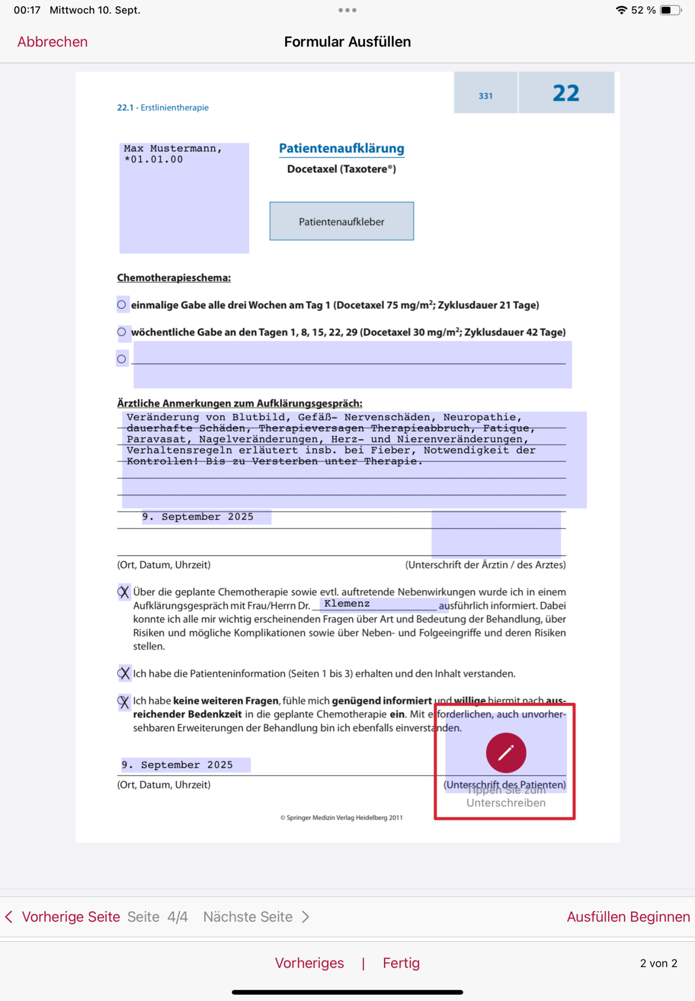 tomedo handbuch ios app handoff dokument bearbeitung custom formulare unterschriften feld anwaehlen