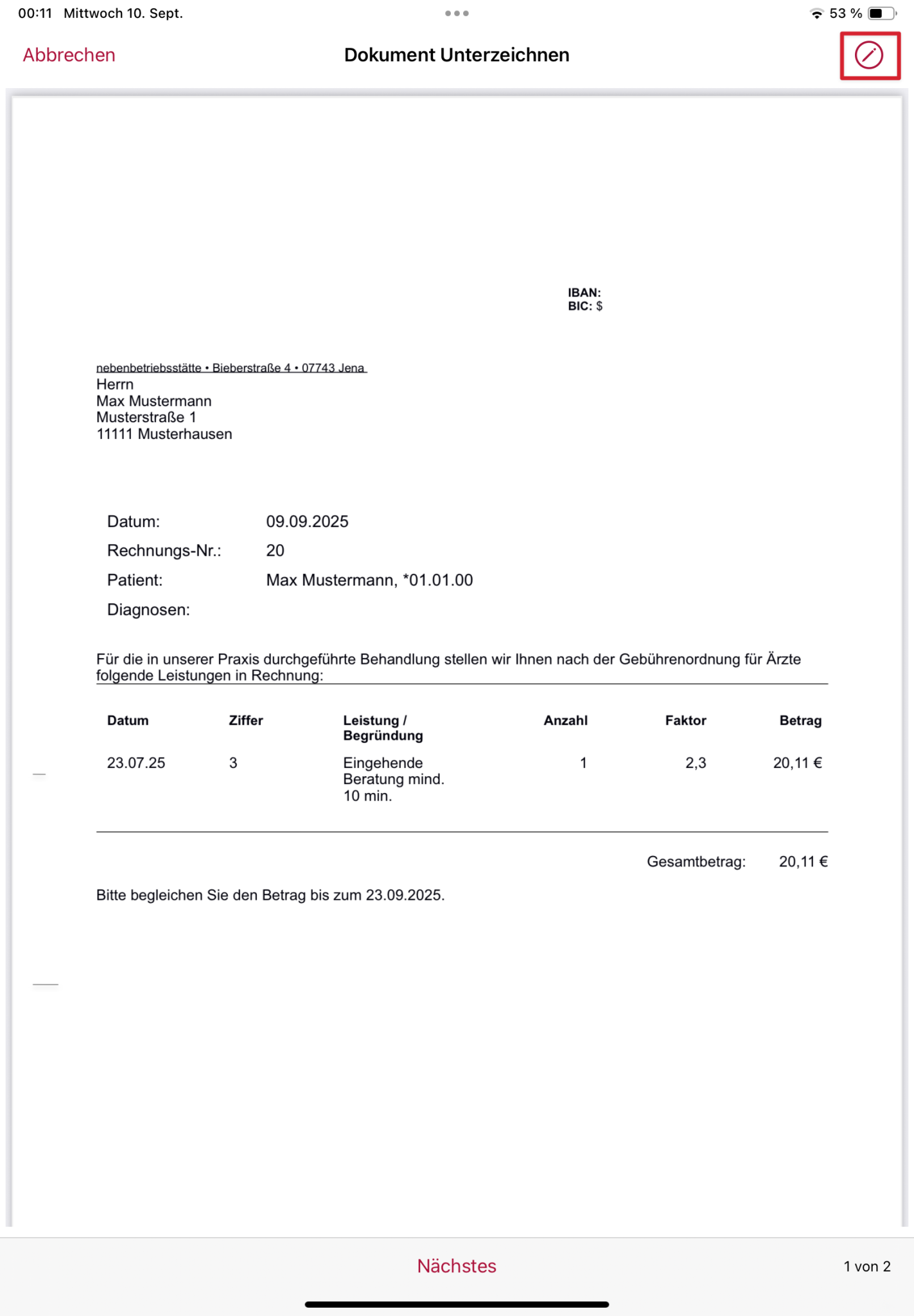 tomedo handbuch ios app handoff dokument bearbeitung rechnung unterschrift eingabe oeffnen