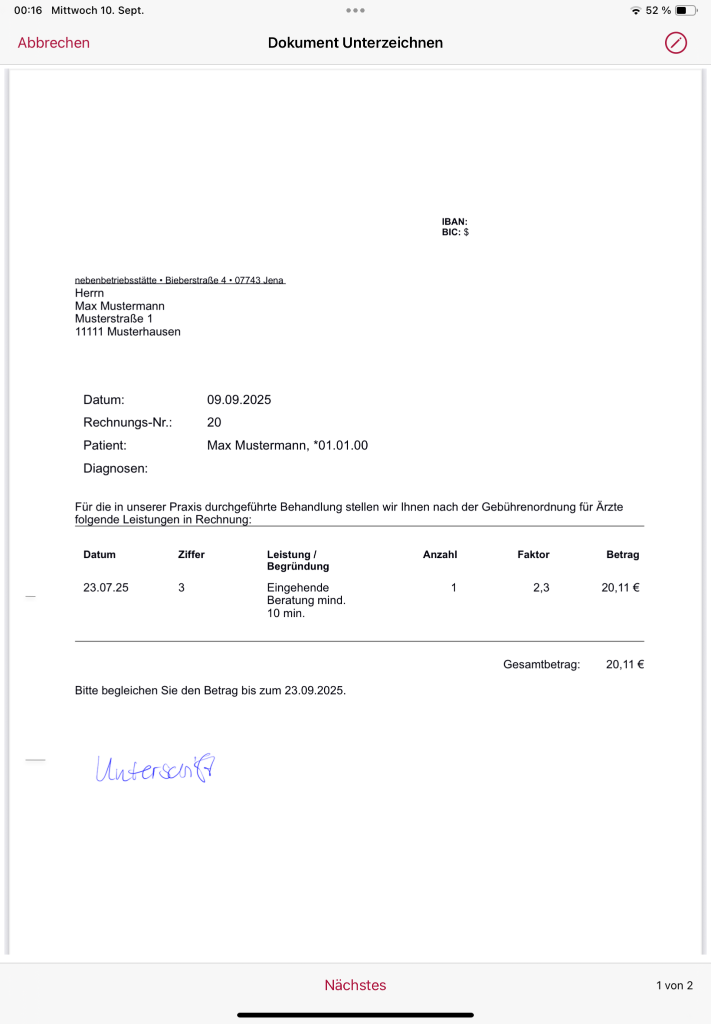 tomedo handbuch ios app handoff dokument bearbeitung rechnung unterschrift nach speichern