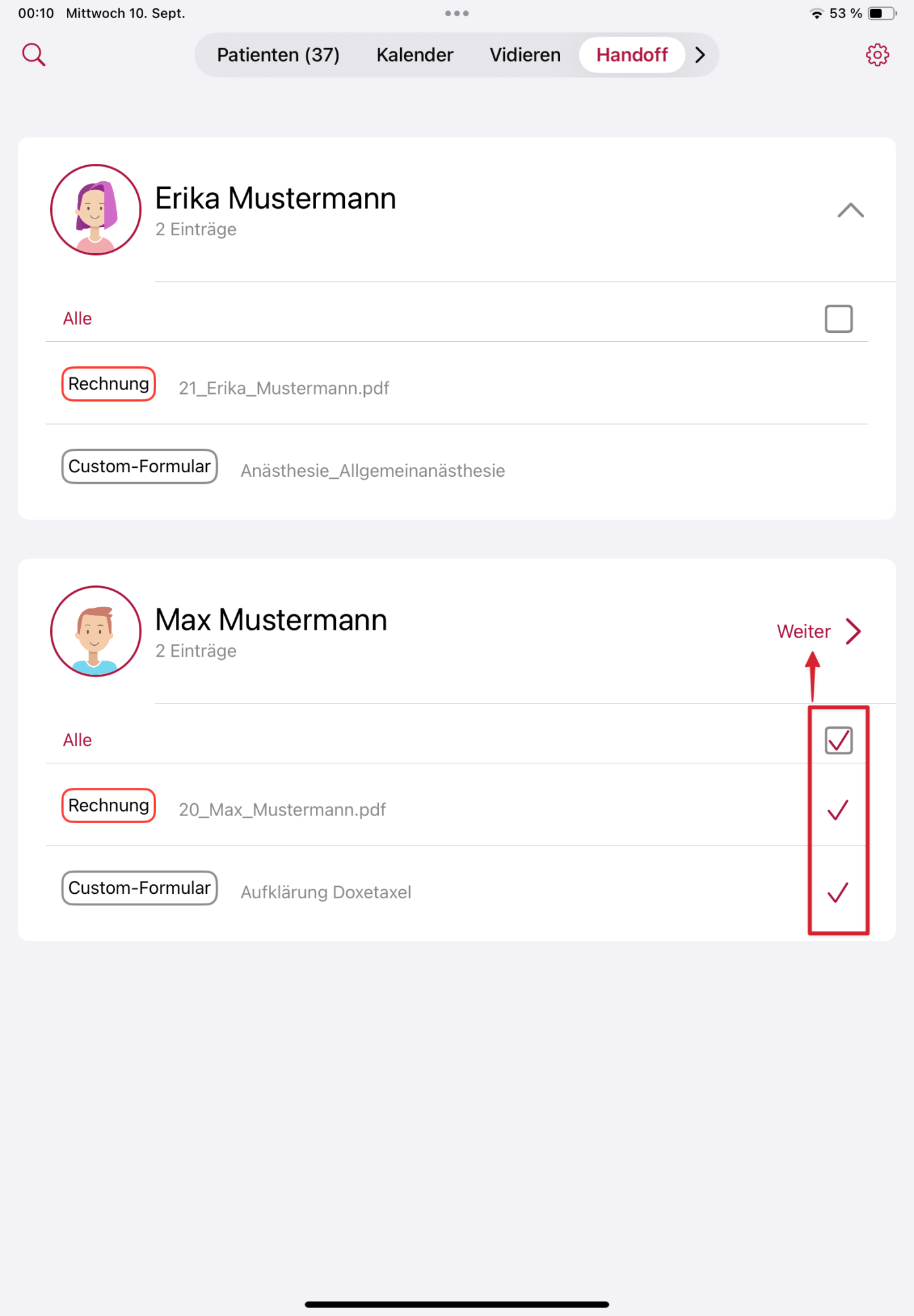 tomedo handbuch ios app handoff dokumente auswaehlen und weiter button