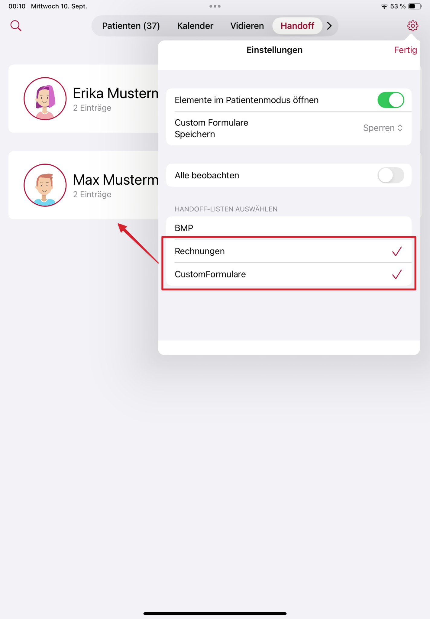 tomedo handbuch ios app handoff einstellungen handoff listen auswaehlen zum anzeigen