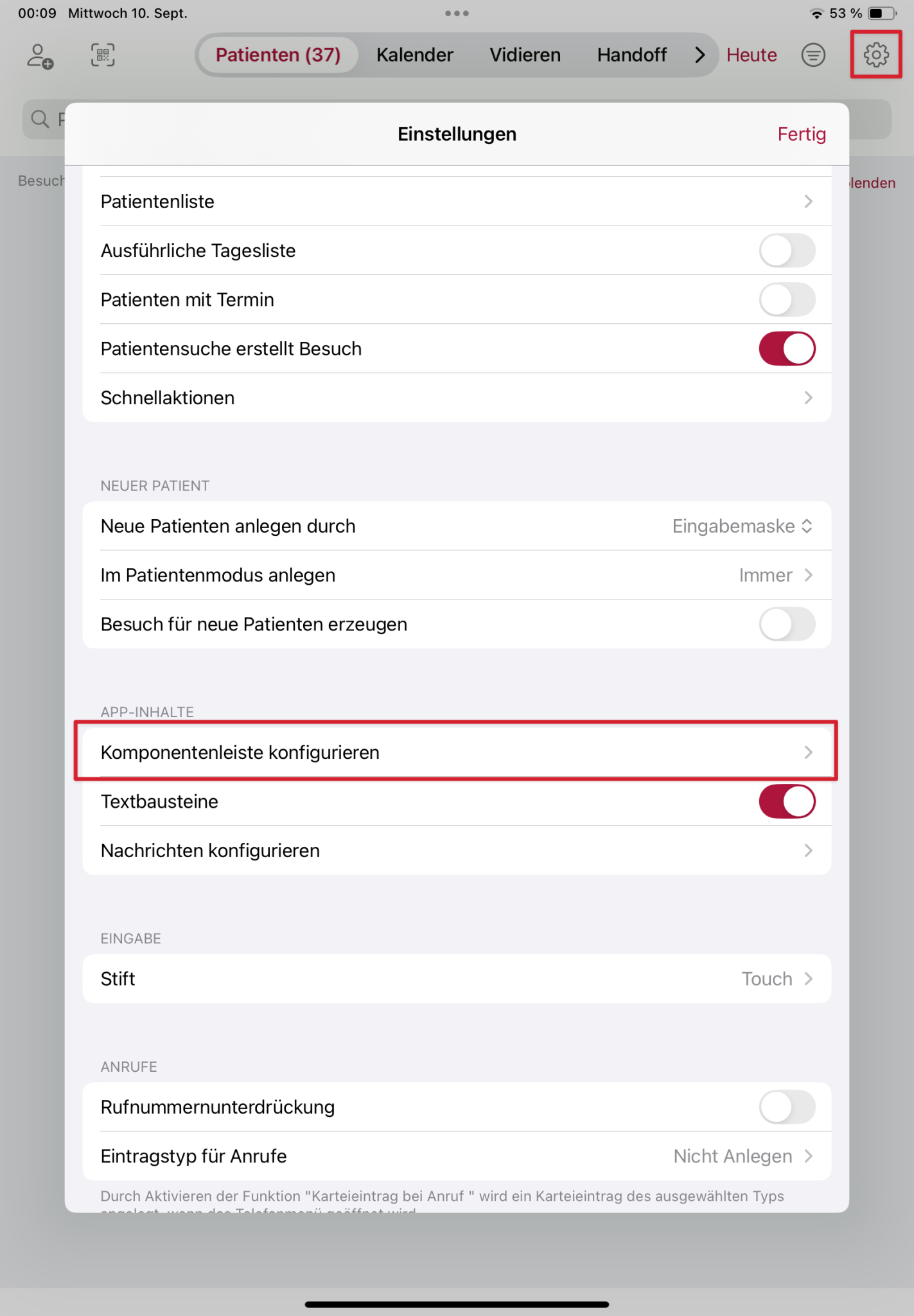 tomedo handbuch ios app handoff komponentenleiste konfigurieren