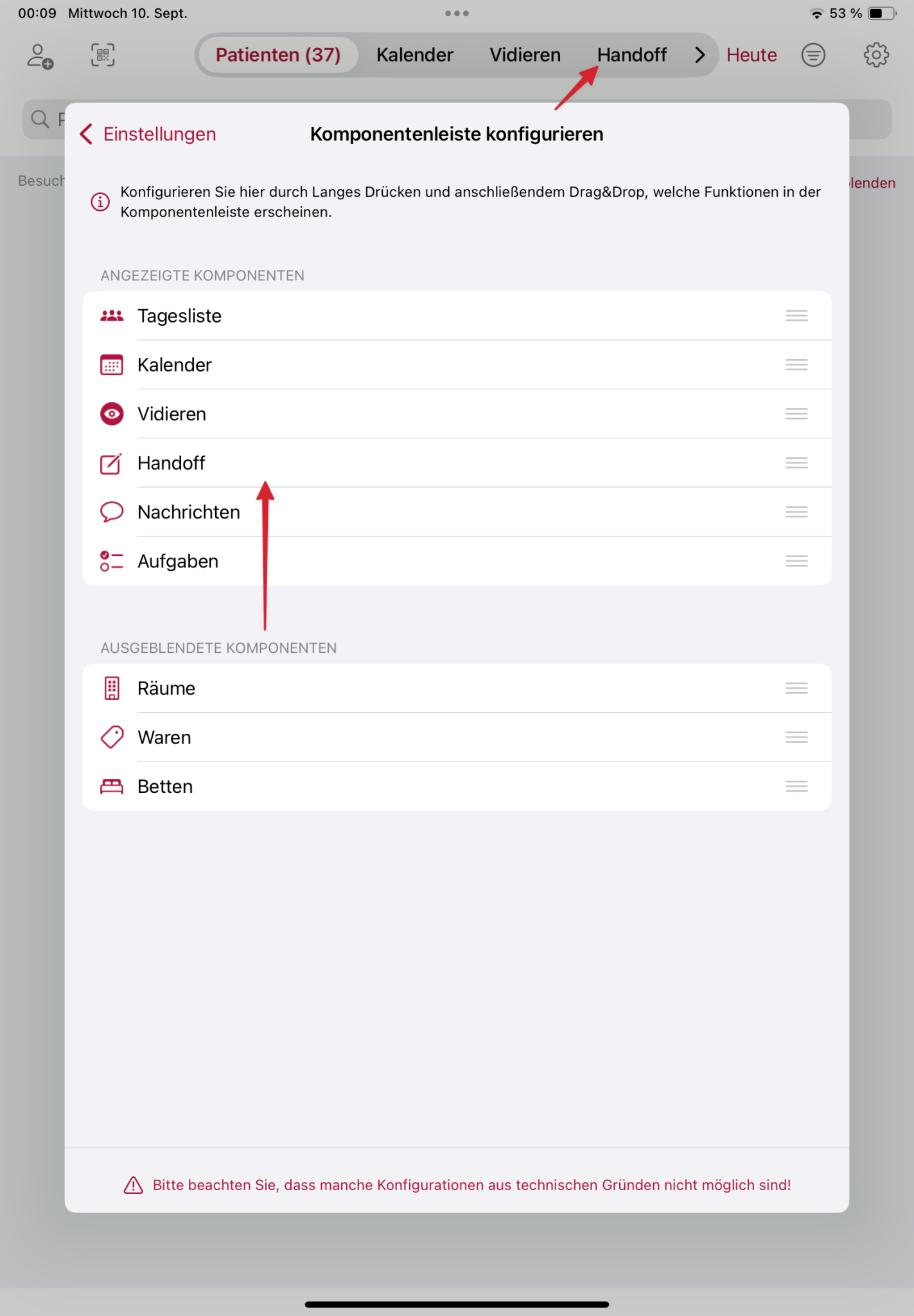 tomedo handbuch ios app handoff komponentenleiste konfigurieren handoff einblenden