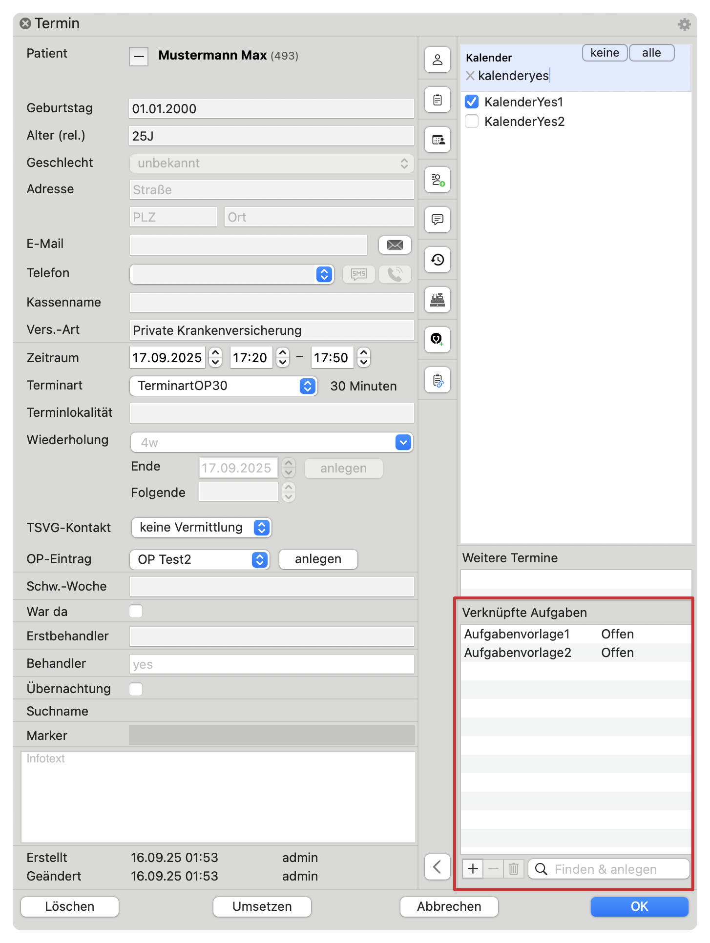 tomedo handbuch kalender neue einstellungen kalenderverwaltungen terminart verwaltung verknuepfte aufgaben termindetails popover