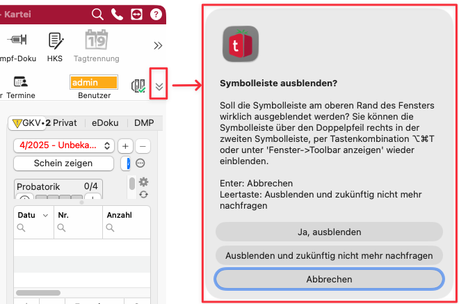 tomedo changelog 161 lSymbolleiste ausblenden