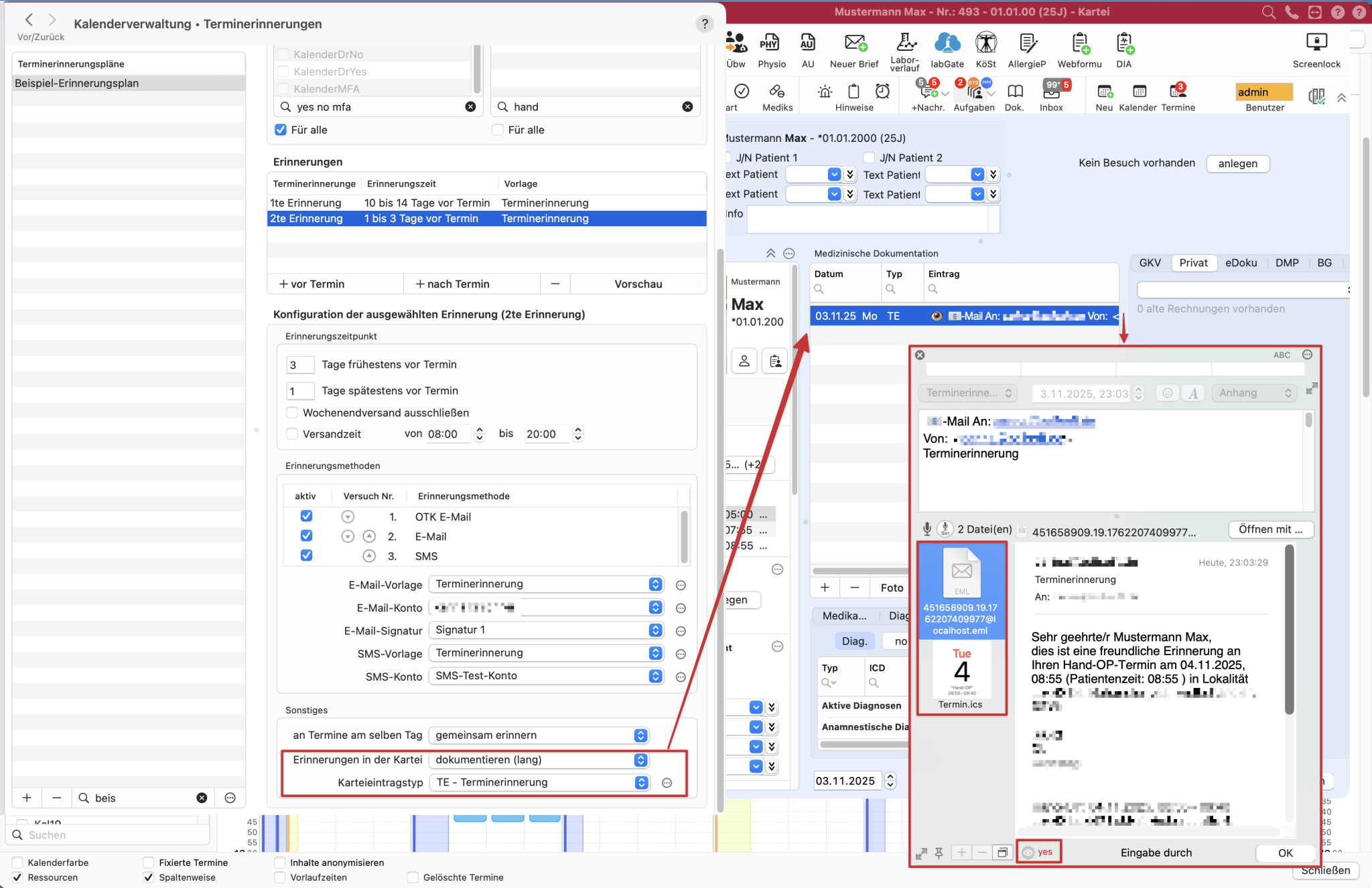 tomedo changelog kalender terminerinnerungen dokumentieren lang karteieintrag email anhaenge und vidierung