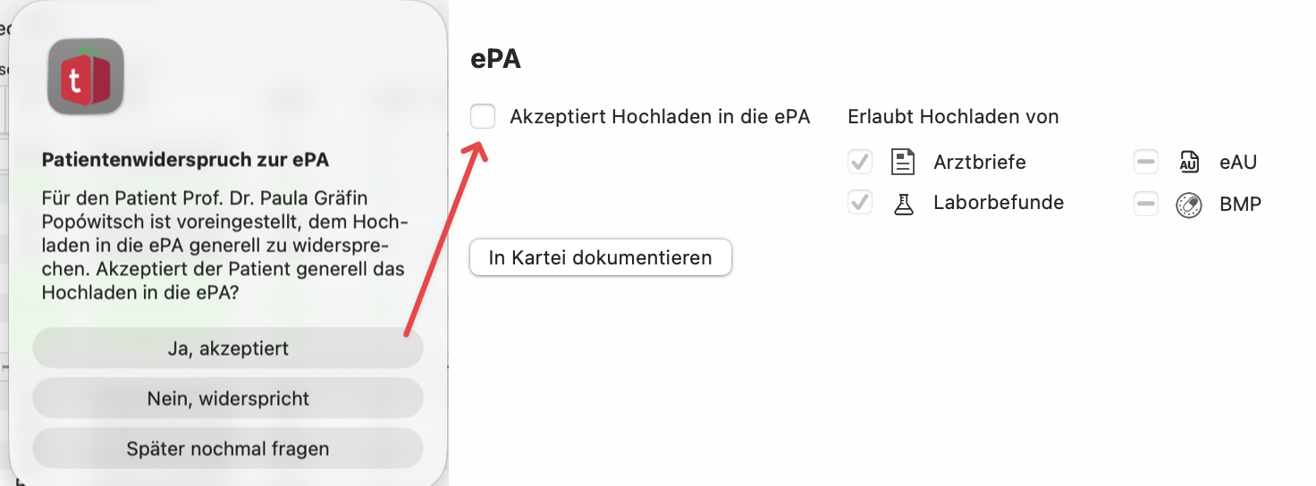 tomedo handbuch ePA default nein einstellung Patientendetails Abfragedialog