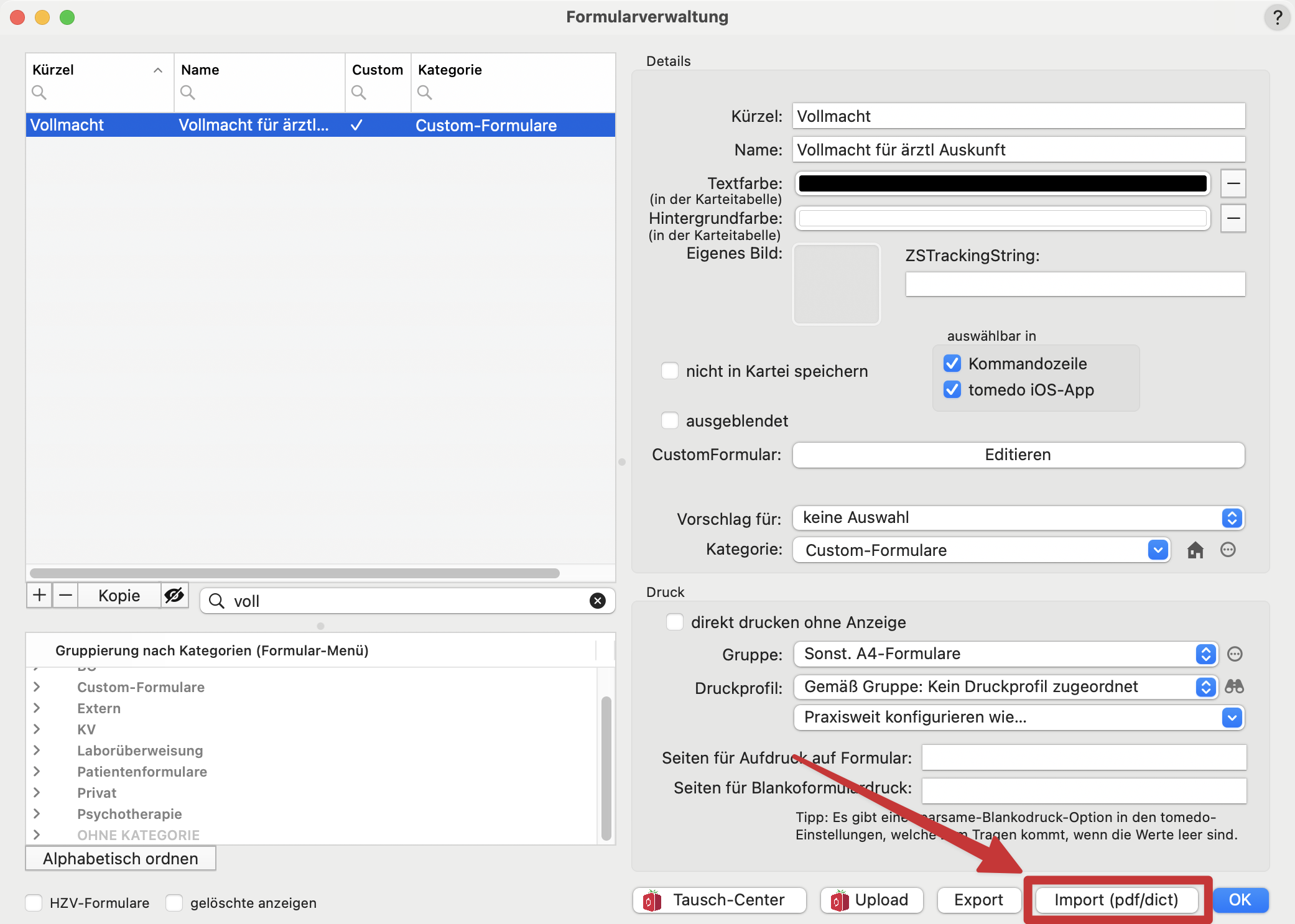 tomedo handbuch formulare customformulare import
