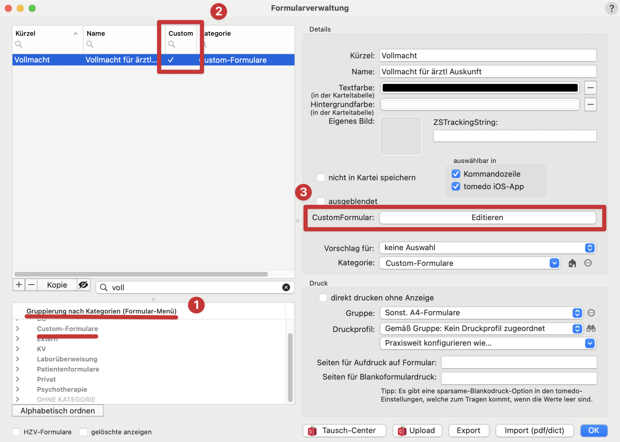 tomedo handbuch formulare customformulare verwaltung auswahl