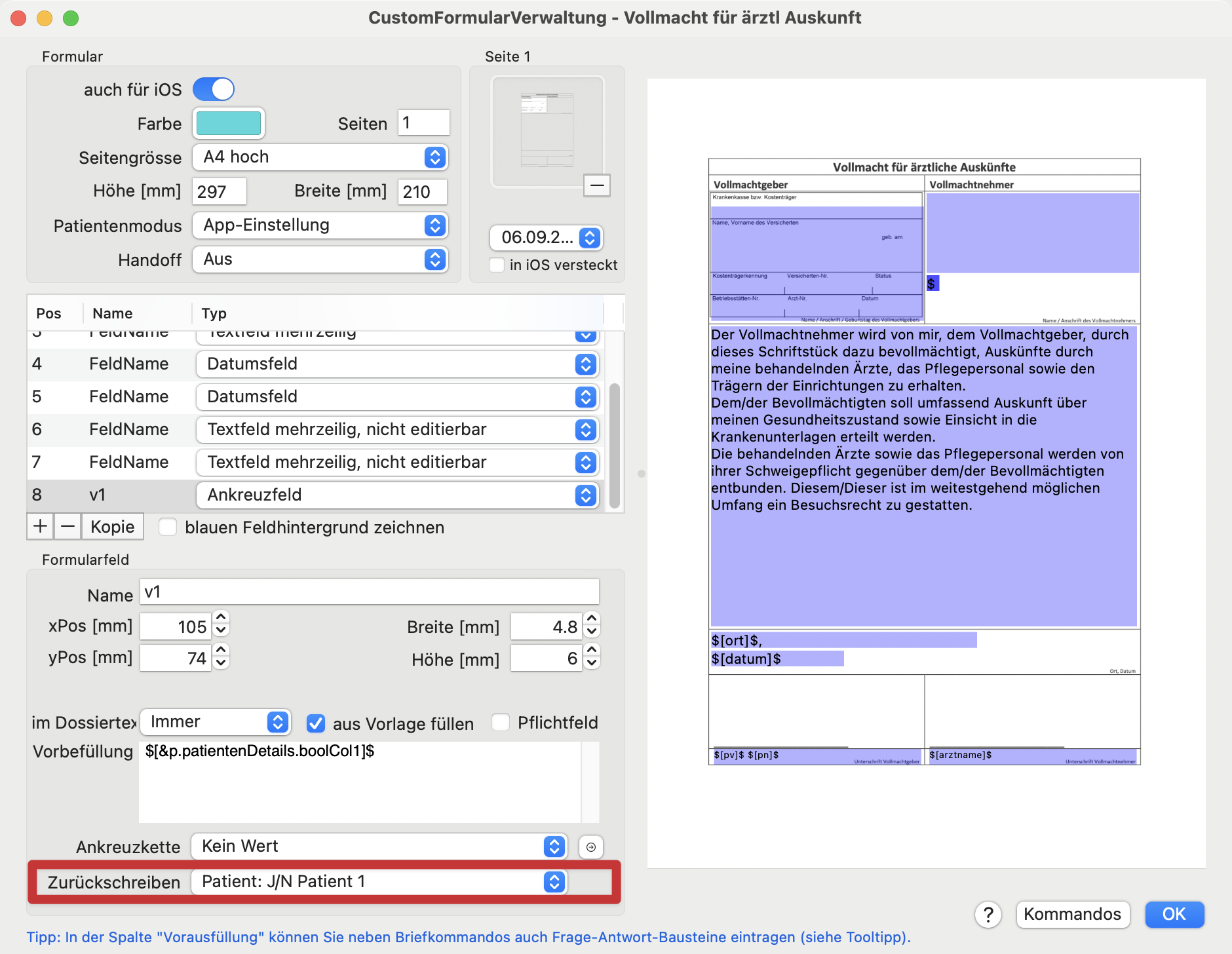 tomedo handbuch formulare customformulare zurueckschreiben 1