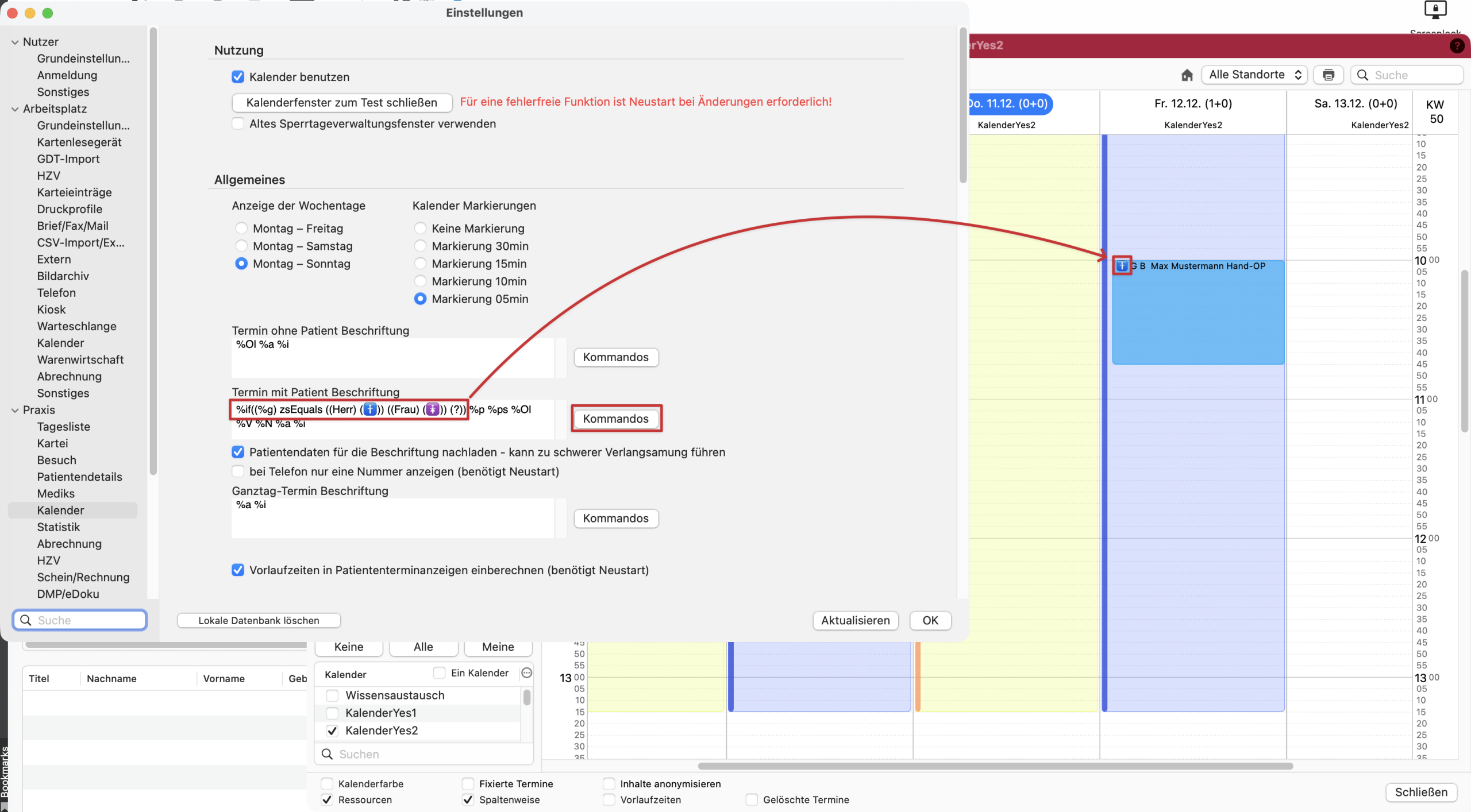tomedo handbuch kalender einstellungen terminbeschriftung if kommandos textersetzung emojis scaled
