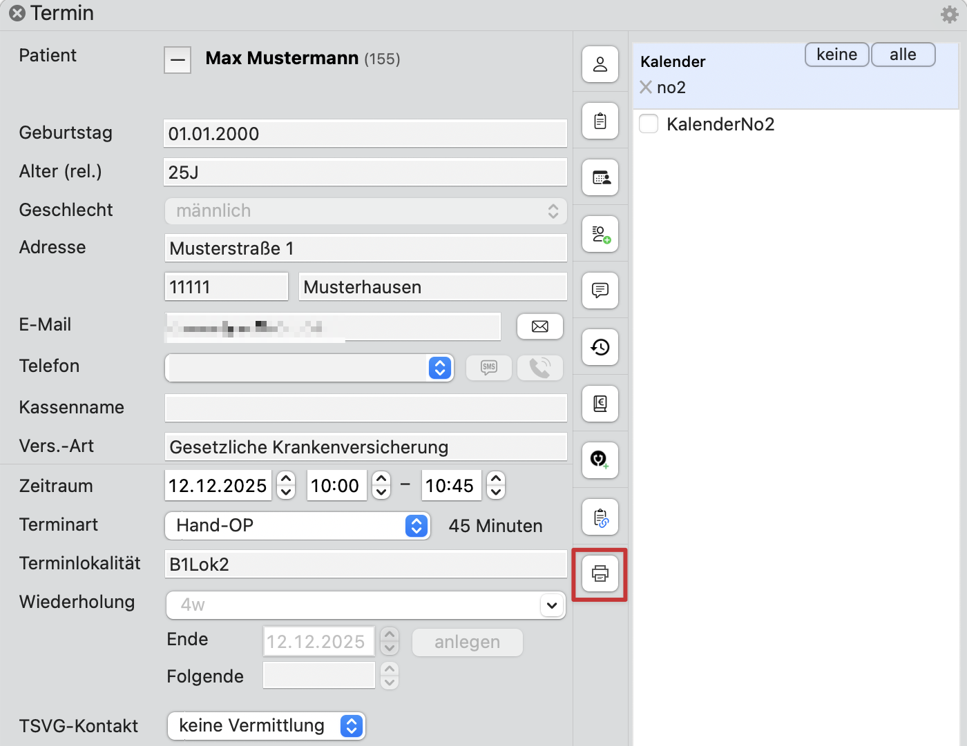 tomedo handbuch kalender termindetails popover drucken button