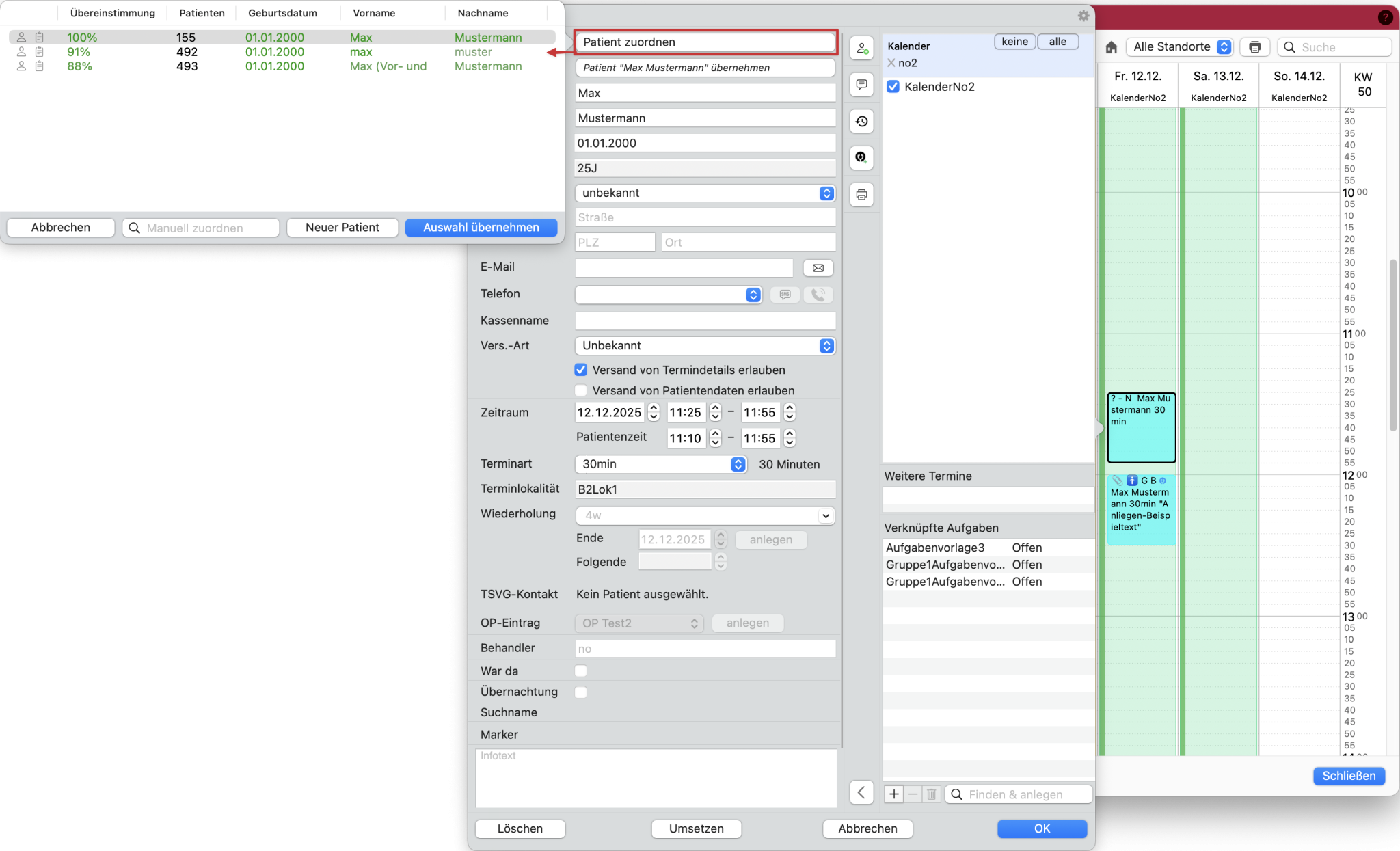 tomedo handbuch kalender termindetails popover patienten zuordnen vorgeschlagene patienten mit uebereinstimmungsraten