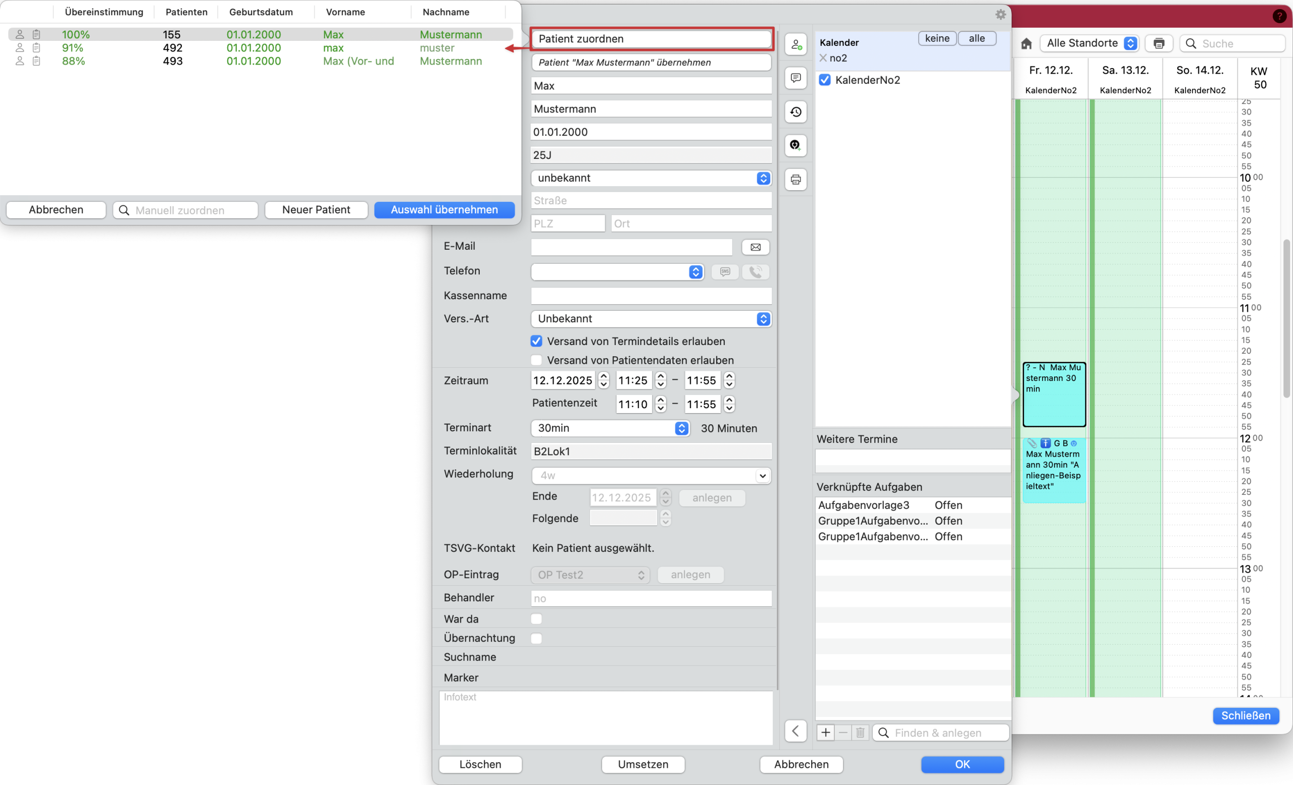tomedo handbuch kalender termindetails popover patienten zuordnen vorgeschlagene patienten mit uebereinstimmungsraten scaled
