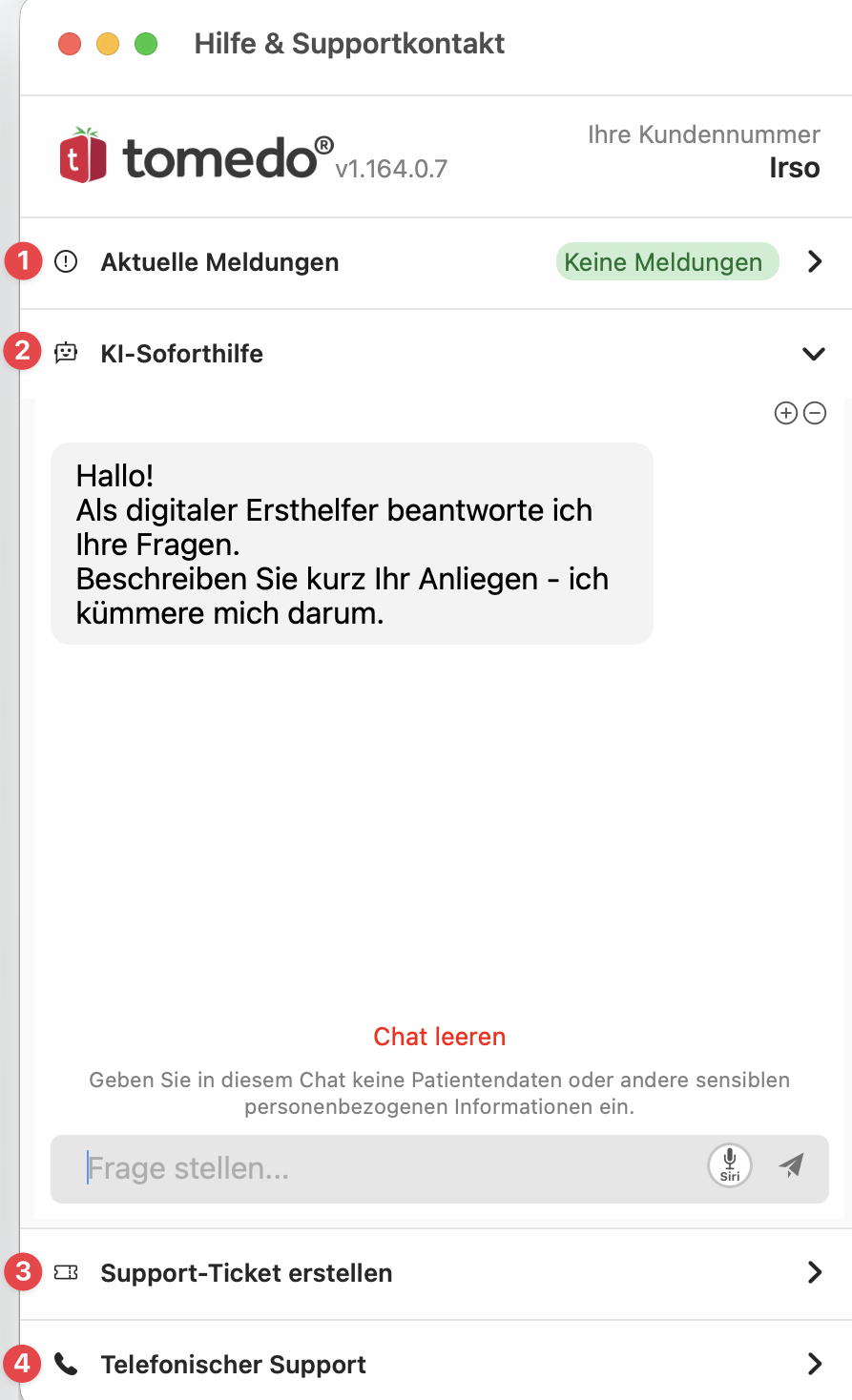 tomedo handbuch hilfe supportkontakt Fensteraufbau