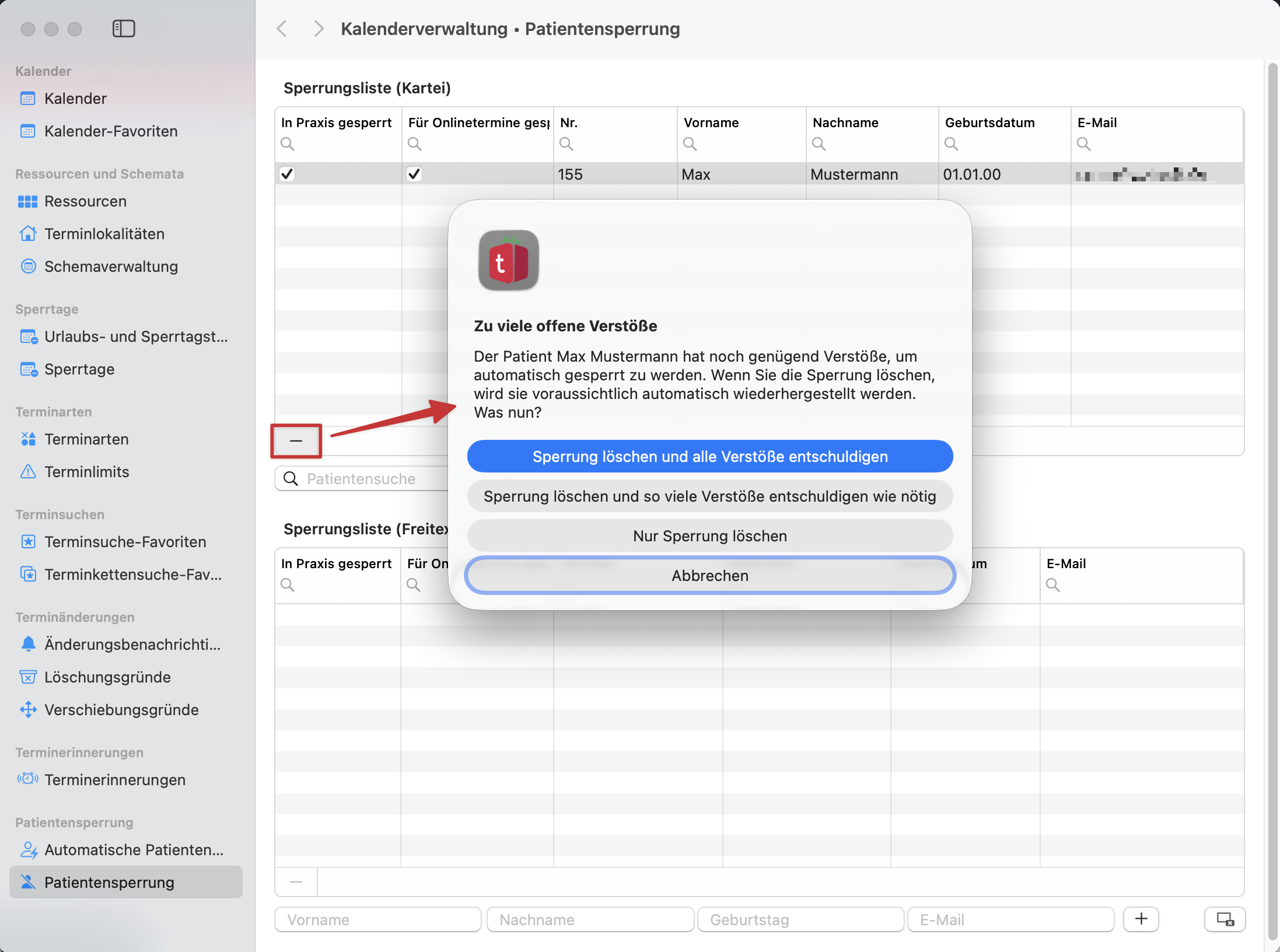 tomedo handbuch kalender patientenverstoesse patientensperrung patienten von sperrliste entfernen