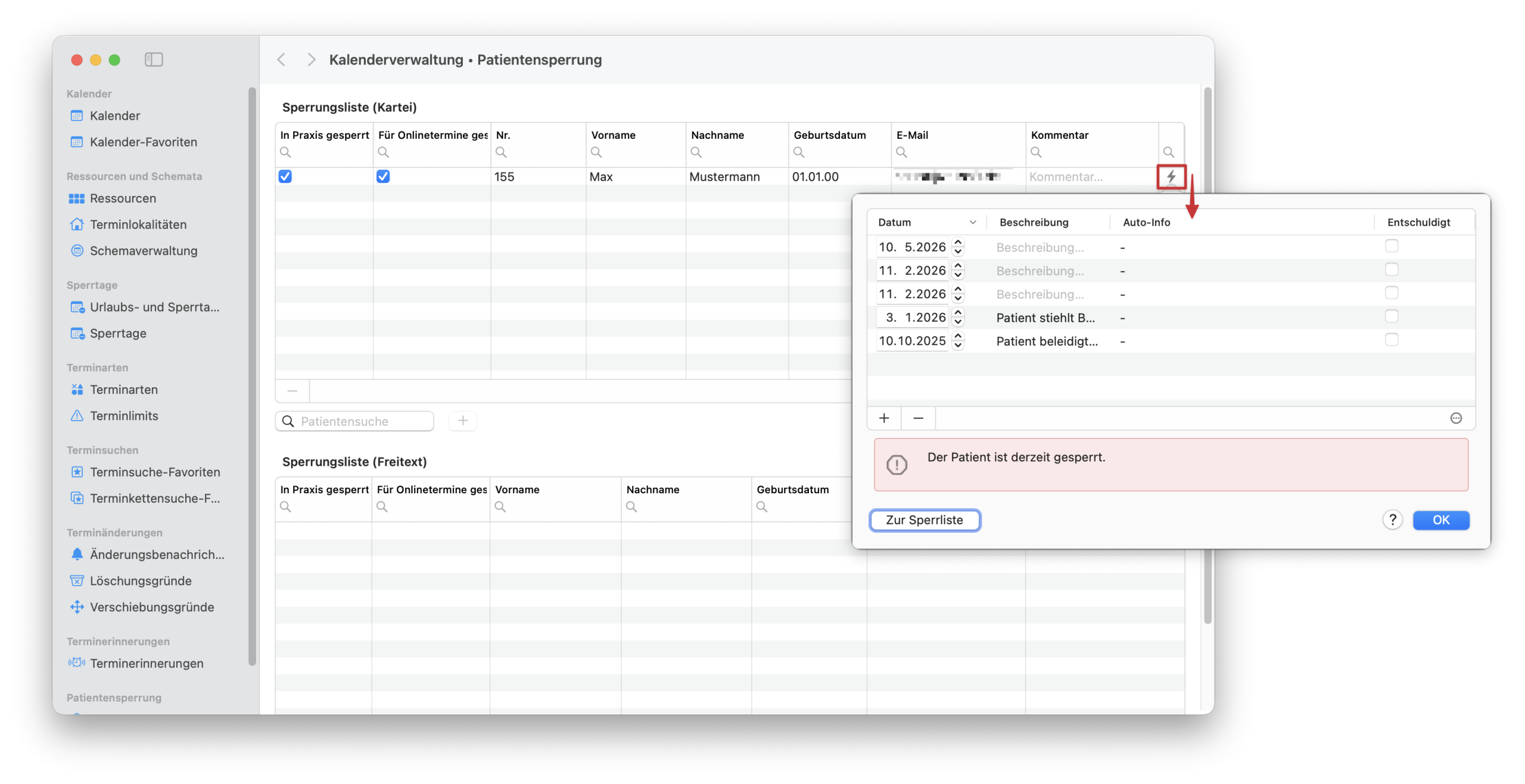 tomedo handbuch kalender patientenverstoesse patientensperrungen sperrliste kommentar und verstoesse button scaled