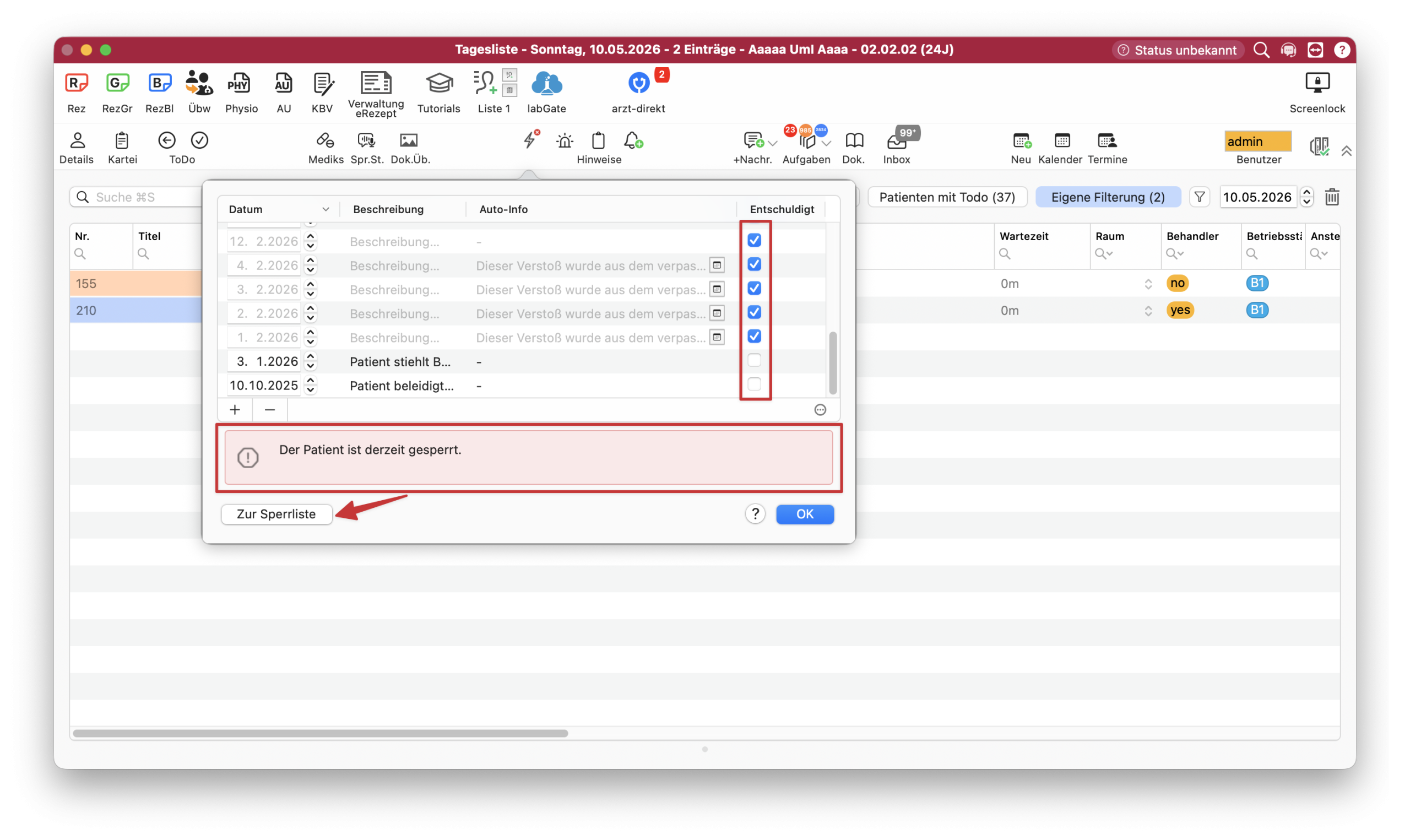 tomedo handbuch kalender patientenverstoesse popover entschuldigt checkbox und zur sperrliste button scaled